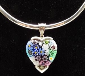 Vintage Alan K AK 925 Sterling Millefiori Heart Pendant Necklace Italy Torque
